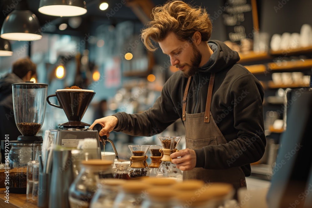 Barista brewing coffee using a pour-over method in a modern cafe, showcasing the art of coffee making. Barista brewing coffee using a pour-over method in a modern cafe, showcasing the art of coffee making.