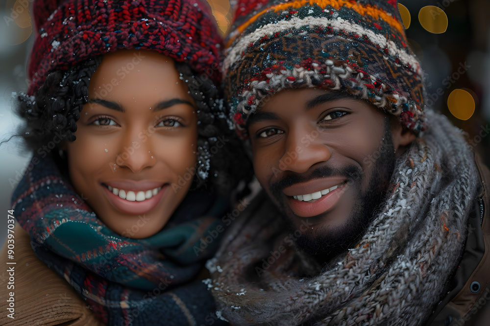 Winter Portrait of a Couple Smiling at the Camera During Christmas and New Year. Capturing the Warmth, Love, and Festive Spirit of the Holiday Season. A Joyful Scene Reflecting Togetherness, Kindness, Winter Portrait of a Couple Smiling at the Camera During Christmas and New Year. Capturing the Warmth, Love, and Festive Spirit of the Holiday Season. A Joyful Scene Reflecting Togetherness, Kindness,