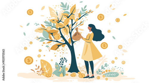 Wealthy Young Woman Holding Money Tree and Shopping Bag