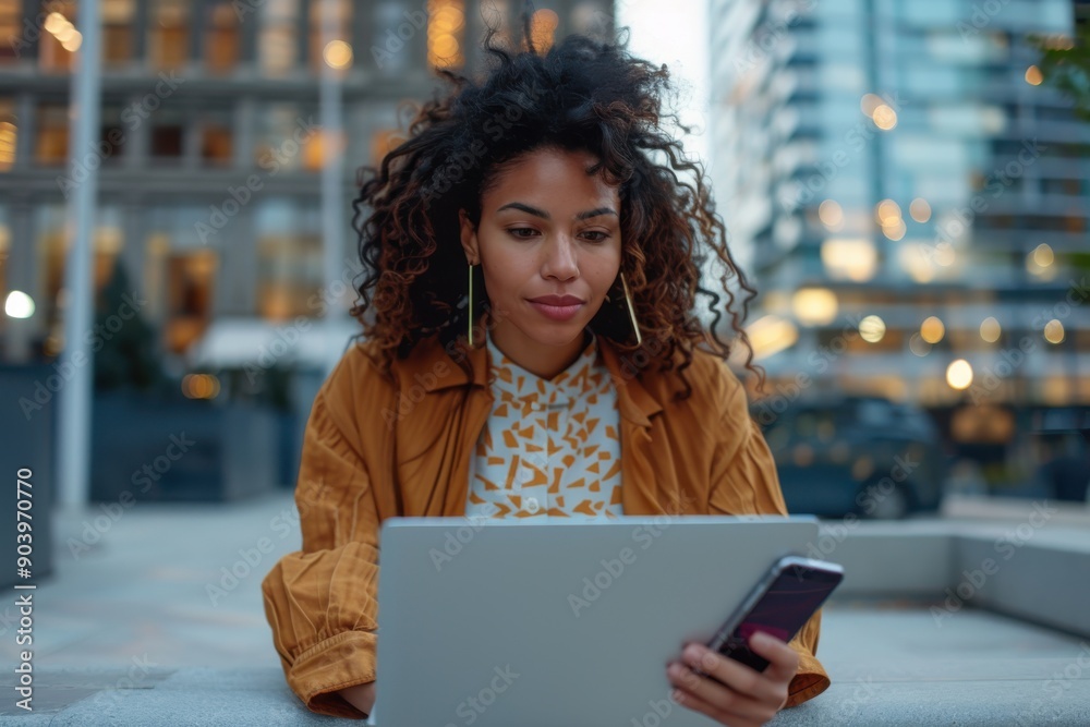 A woman with curly hair, wearing a brown jacket and patterned shirt, uses a laptop and phone while seated outside in a city with buildings in the background. A woman with curly hair, wearing a brown jacket and patterned shirt, uses a laptop and phone while seated outside in a city with buildings in the background.