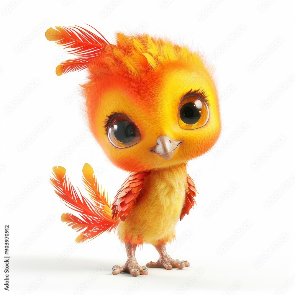 Medium shot of Baby fiery phoenix, isolated on a white background, bright and vivid tonality Medium shot of Baby fiery phoenix, isolated on a white background, bright and vivid tonality