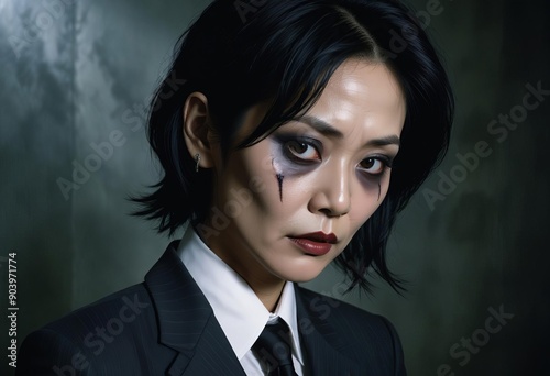 a zombie Asian woman wearing a business suit