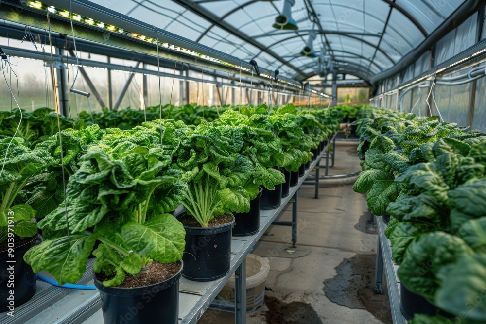 An indoor greenhouse setup featuring vibrant leafy greens grown in black pots, demonstrating advanced horticultural techniques for sustainable and efficient vegetable production. An indoor greenhouse setup featuring vibrant leafy greens grown in black pots, demonstrating advanced horticultural techniques for sustainable and efficient vegetable production.