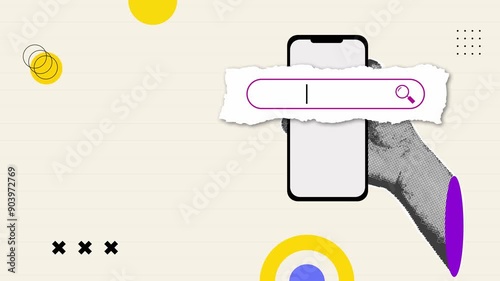 Hand with holding phone Trendy pop art collage search concept.