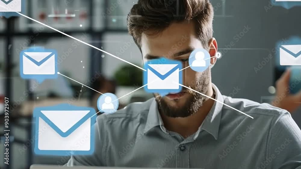 Man checking emails on his laptop with digital icons overlayed