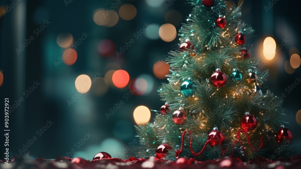 Decorated fir tree with garlands and balls in dark green interior. Neural network ai generated art Decorated fir tree with garlands and balls in dark green interior. Neural network ai generated art