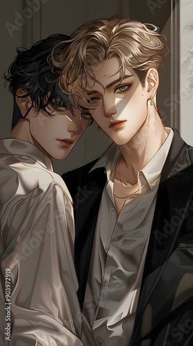 Intimate Portrait: Two men, one in a white shirt and one in a suit, stand close together with their heads resting against each other, creating a sense of closeness and affection. The soft lighting add photo