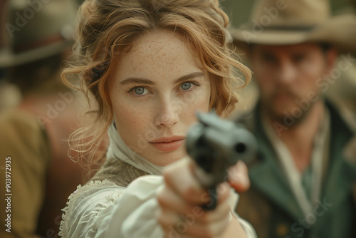 A young woman in traditional period clothing pointing a gun at the viewer in the wild west. American cowboy film movie series. Historical picture and costumes. photo