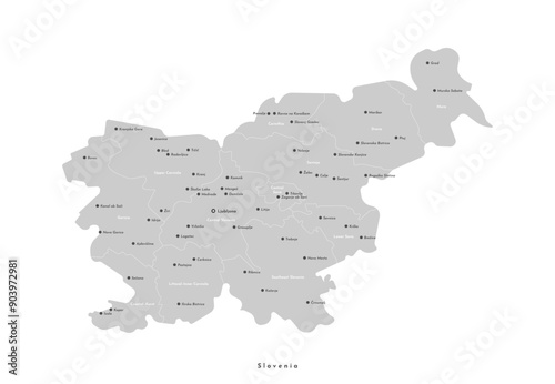 Vector isolated illustration. Simplified administrative map of Slovenia. Grey shapes of regions. Names of cities