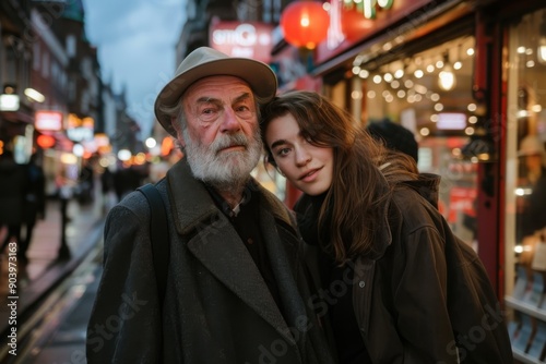 Wallpaper Mural A senior man wearing a hat and coat stands with a young woman in an evening urban setting, surrounded by colorful lights and a busy atmosphere. Torontodigital.ca