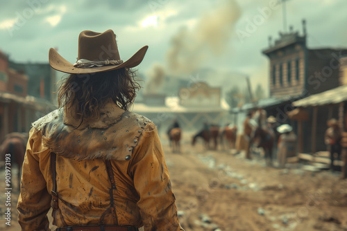 Back view of a man wearing a cowboy hat and leather clothing looking at horses in a desolate outpost town in the wild west. American cowboy film movie series. Historical picture and costumes. photo