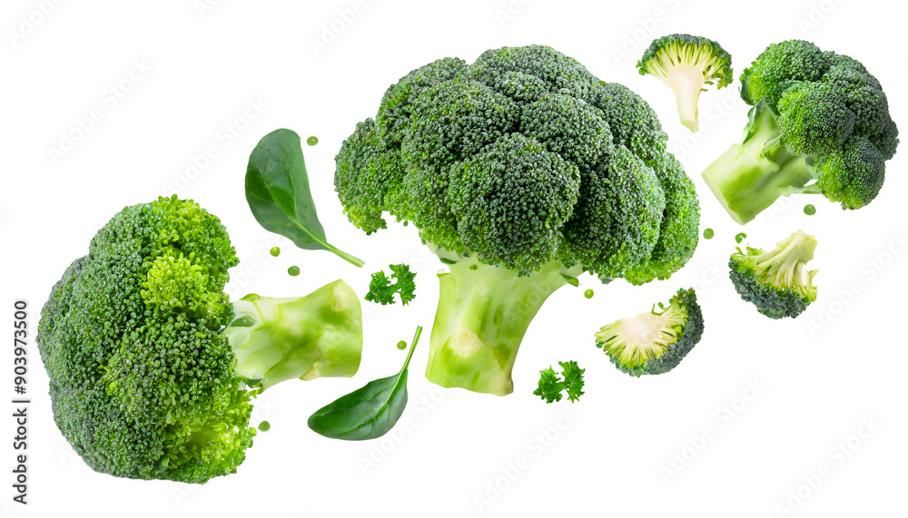 Fresh and vibrant broccoli pieces on a white background, isolated on a white or transparent background Fresh and vibrant broccoli pieces on a white background, isolated on a white or transparent background