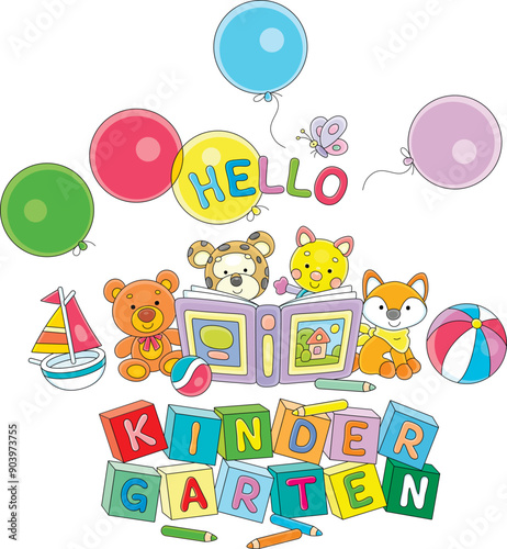Hello kindergarten card with funny cartoony baby animals reading a book of fairy tales, colorful bricks with letters, color pencils, toys and holiday balloons, vector cartoon illustration