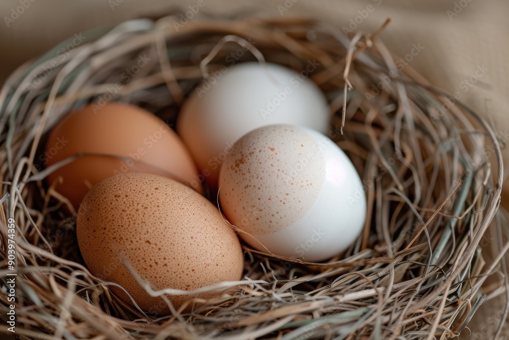 A close-up of a nest containing speckled brown and white eggs, displaying a beautiful arrangement of nature's creation, specifically focusing on the details of the eggs. A close-up of a nest containing speckled brown and white eggs, displaying a beautiful arrangement of nature's creation, specifically focusing on the details of the eggs.