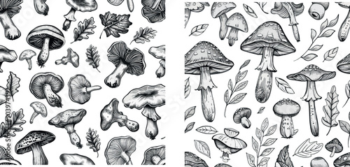 The pattern is composed of a series of autumn leaves and mushrooms, including morel and chanterelle mushrooms, bolete mushrooms and king trumpet mushrooms, in a seamless modern style.