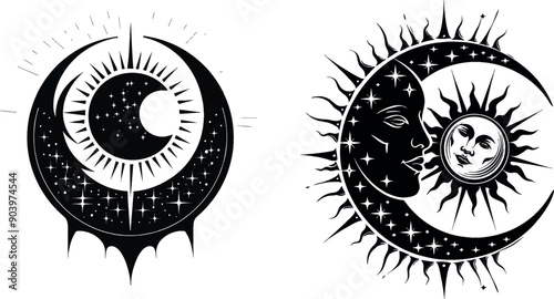 Circle of crescent moon with sun rays on starry sky