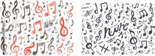Music notes and clef with rest, treble and bass elements. Musical notation doodle symbol elements.