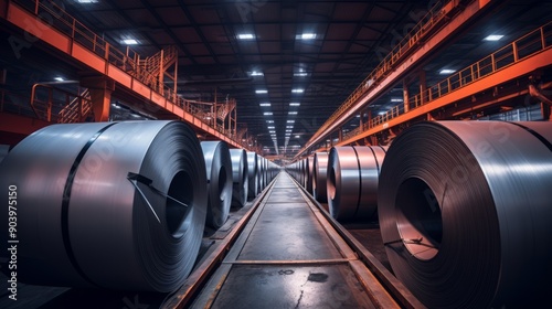 Rolls of galvanized steel sheet inside the factory or warehouse. Neural network ai generated art