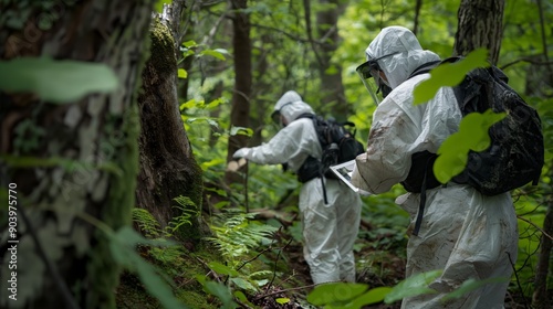 Forest Safety Inspection Team in Protective Gear Conducting Pest Examination in Dense Woodland photo