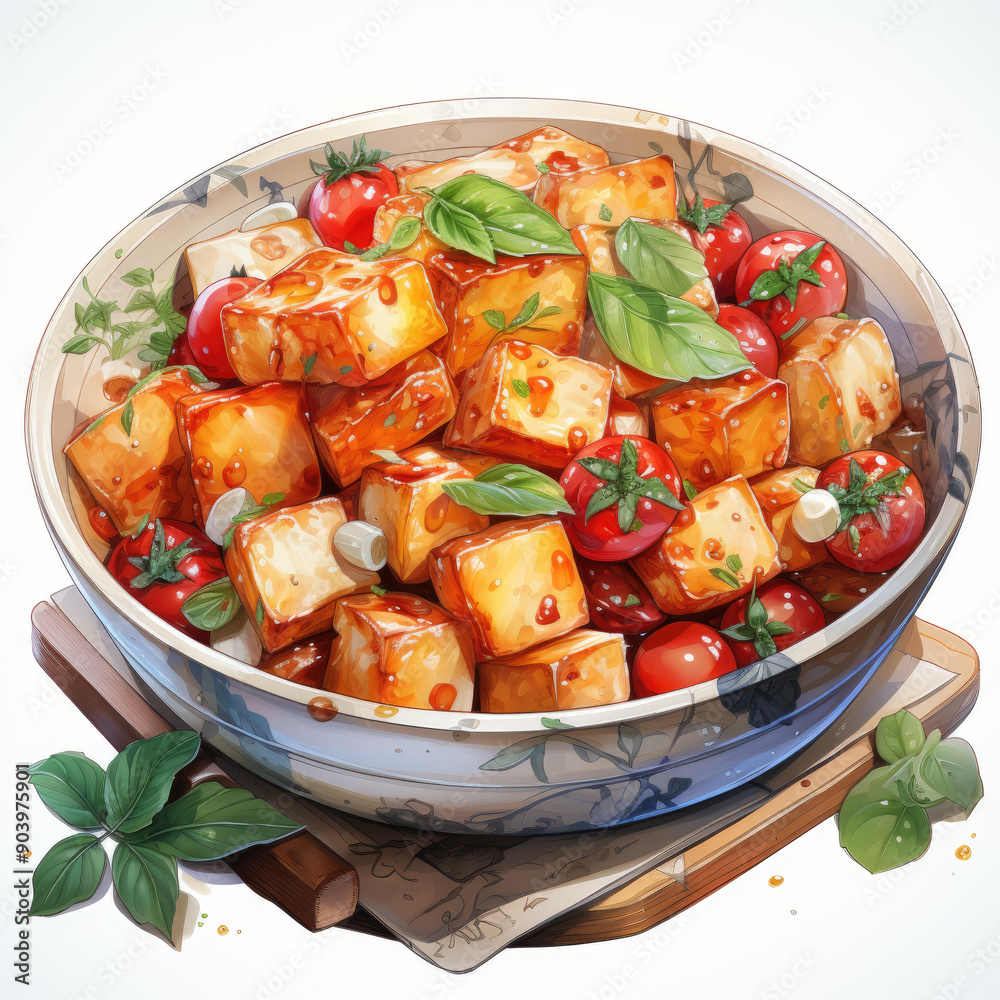 Watercolor Soft Tofu Stew, clipart Illustration, Generative Ai Watercolor Soft Tofu Stew, clipart Illustration, Generative Ai