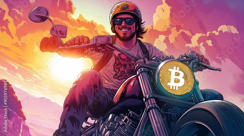 Man Riding a Motorcycle with Bitcoin Emblem at Sunset photo