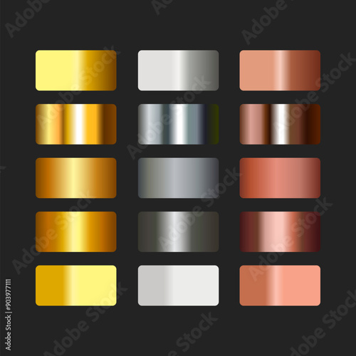 Gold, silver and bronze foil texture gradient background set. Vector golden elegant, shiny and metallic gradient collection for chrome border, frame, ribbon, label design