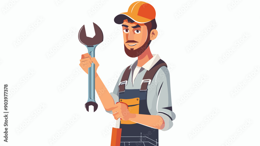 Professional Worker Holding Wrench Tool - Industrial Concept Professional Worker Holding Wrench Tool - Industrial Concept