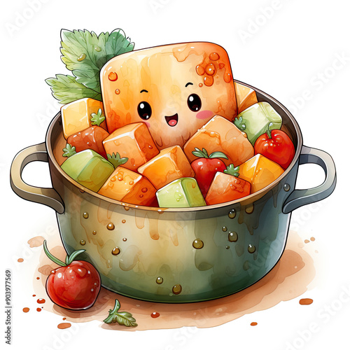 Watercolor Soft Tofu Stew, clipart Illustration, Generative Ai