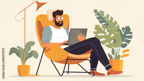 Remote Work Concept: Man Working from Home on Lazy Chair with Laptop