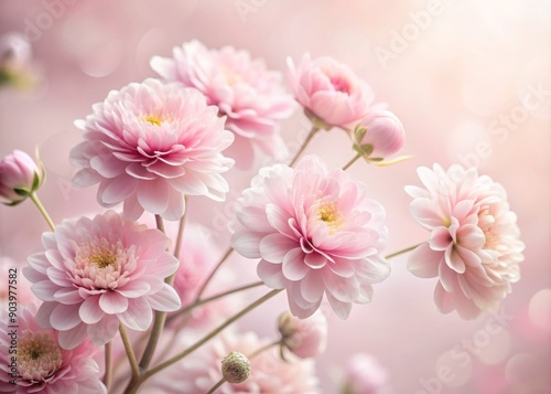 Soft focus delicate pink flowers arranged artfully in a serene corner,gentle petals unfolding against a pale pink background evoking feelings of calmness and serenity.