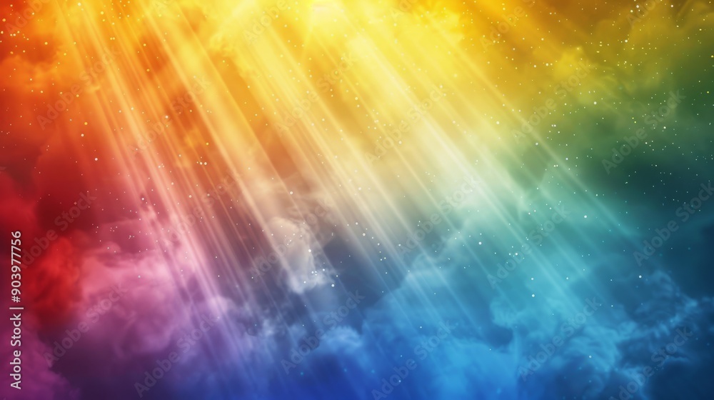 Bright and colorful rays of light streaming through clouds, creating a vibrant and dynamic atmosphere. Bright and colorful rays of light streaming through clouds, creating a vibrant and dynamic atmosphere.