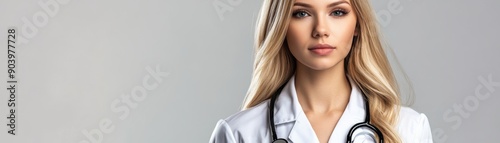 young doctor woman with a stethoscope and in a medical uniform, copy space, banner