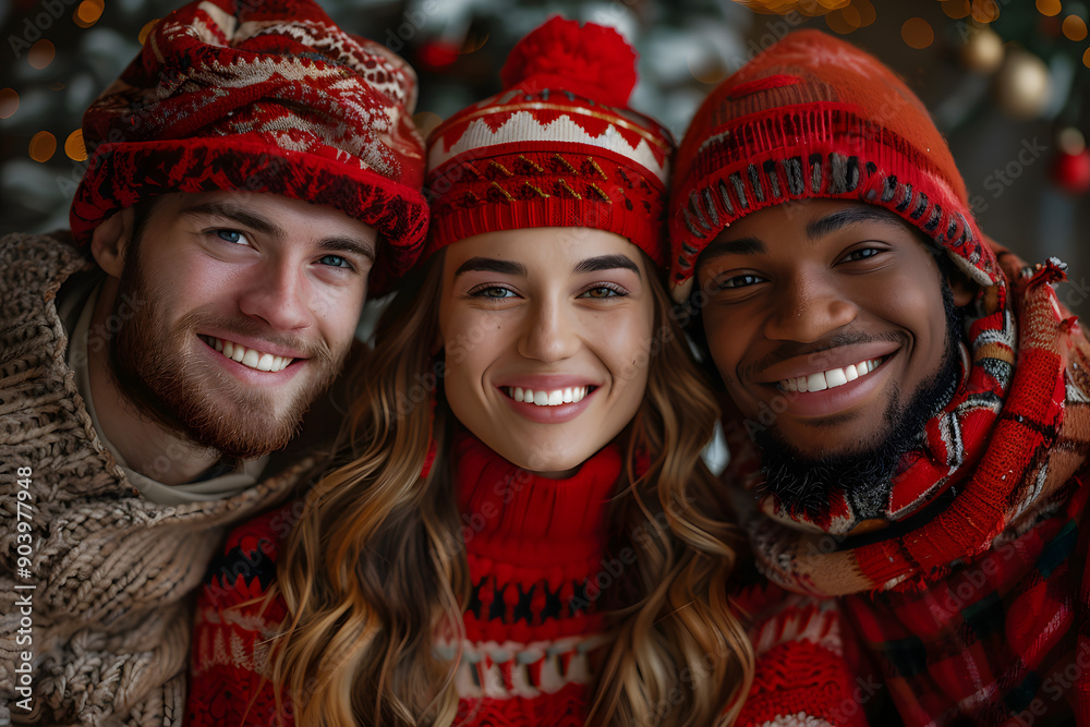 Winter Portrait of Three People Smiling at the Camera During Christmas and New Year. Capturing the Warmth, Joy, and Festive Spirit of the Holiday Season. A Heartfelt Scene Reflecting Togetherness, Kin Winter Portrait of Three People Smiling at the Camera During Christmas and New Year. Capturing the Warmth, Joy, and Festive Spirit of the Holiday Season. A Heartfelt Scene Reflecting Togetherness, Kin