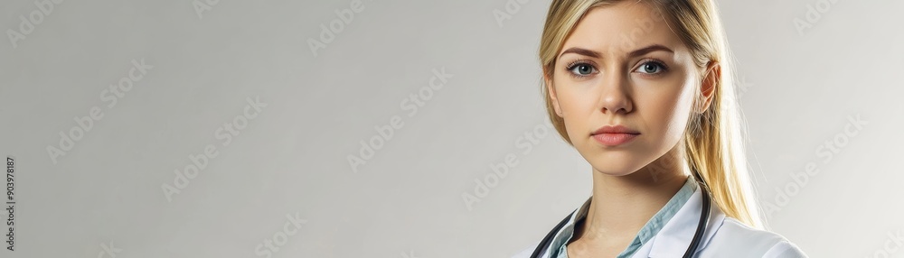 young doctor woman with a stethoscope and in a medical uniform, copy space, banner