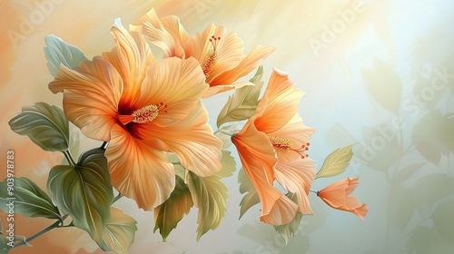 Orange Hibiscus Flowers in Bloom. generative ai illustration.