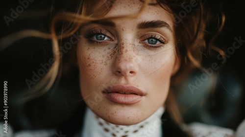 Close-up portrait of a woman with freckled skin and striking blue eyes, hair tousled by the wind, conveying a sense of beauty and wildness. photo