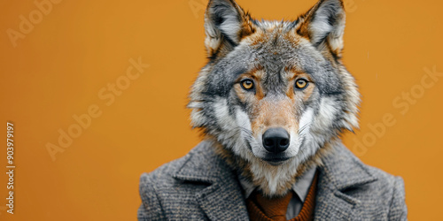 Wolf in Suit Against Orange Background photo