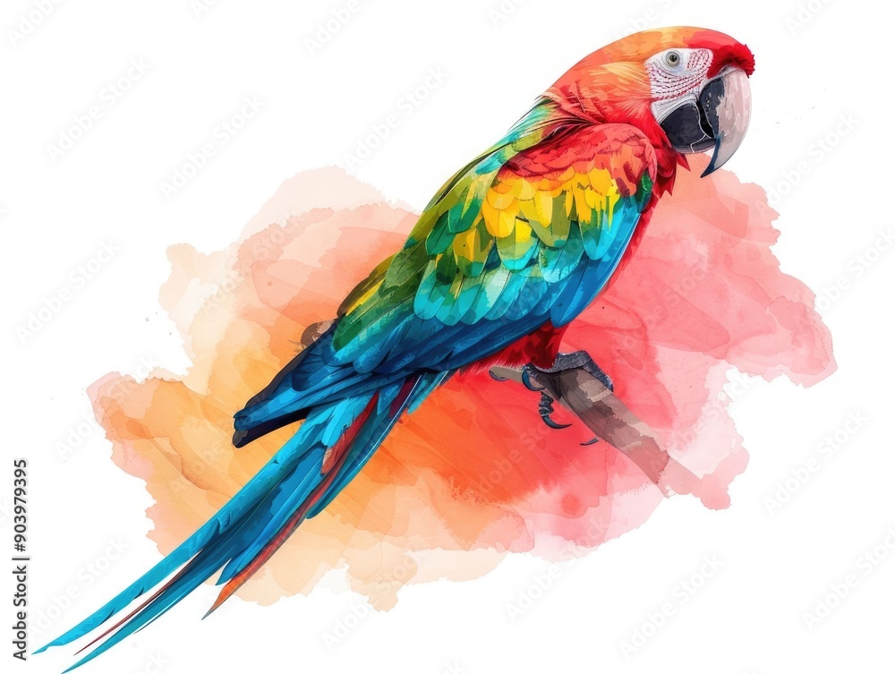 Obraz premium Vibrant and Colorful Parrot in Hand Drawn Pastel Watercolor Style with Simple Lines on a White Background Resembling Children s Book Artwork