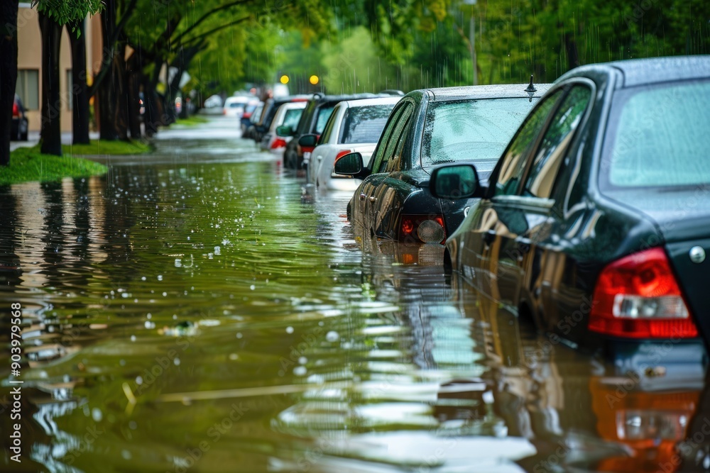 The Chaos of Urban Flooding: A Line of Cars Partially Submerged in Water, The Devastating Consequences of Heavy Rains
