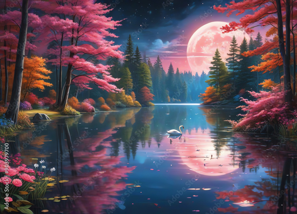 Fototapeta premium An illustration of a serene lake with a single swan gracefully gliding on the water with big full moon
