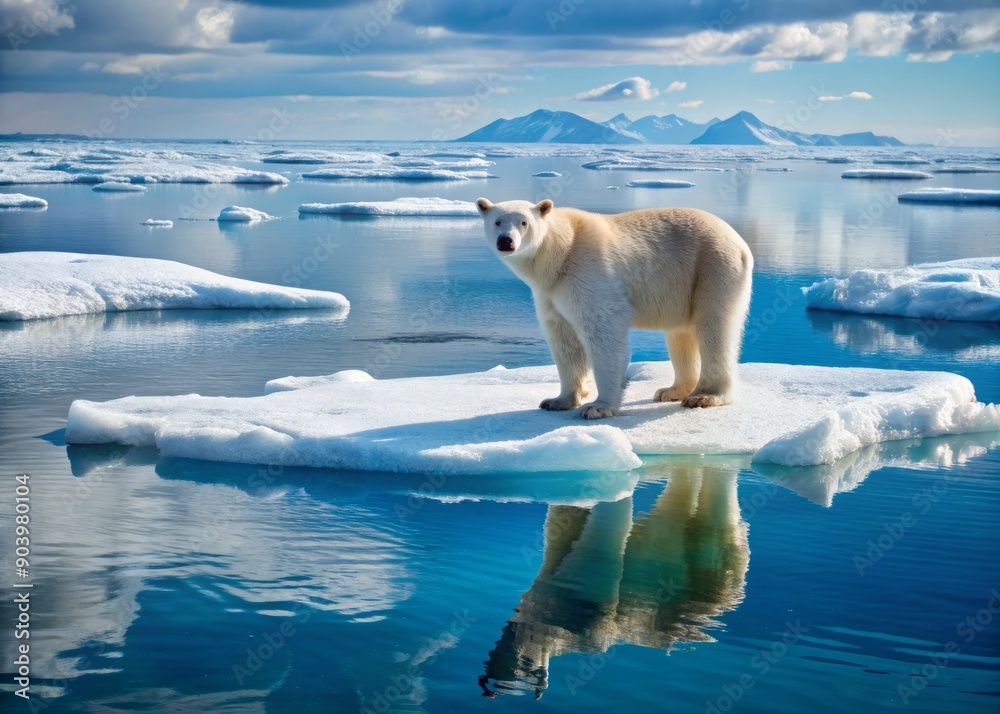 Lonely polar bear stands on dwindling ice sheet, surrounded by vast expanse of open water, symbolizing devastating impact of global warming on Arctic ecosystem.