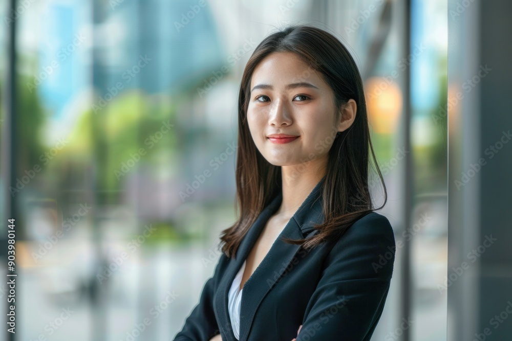 Thoughtful young asian business woman looking away with smile. Portrait of confident young woman in a suit Thoughtful young asian business woman looking away with smile. Portrait of confident young woman in a suit
