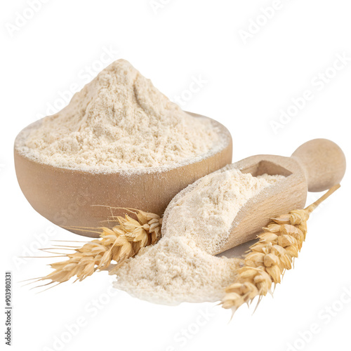 Fresh wheat flour in a bowl with a scoop and ears of wheat, isolated on a white or transparent background