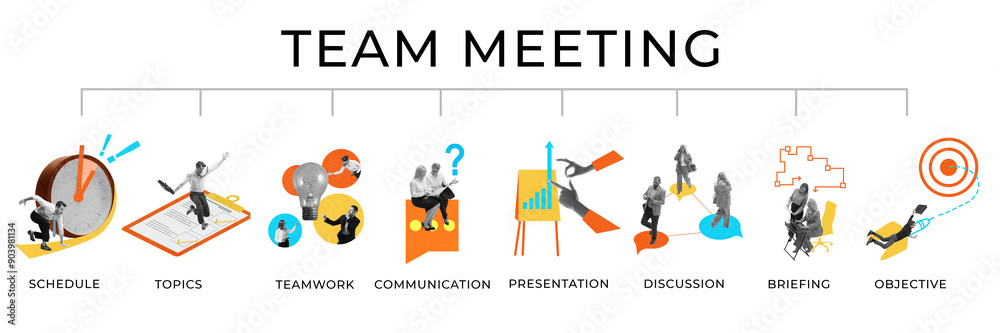 Set. Business people working on achieving professional goals, promoting, efficiency at work. Contemporary art collage. Concept of business, team meeting, teamwork and cooperation Set. Business people working on achieving professional goals, promoting, efficiency at work. Contemporary art collage. Concept of business, team meeting, teamwork and cooperation