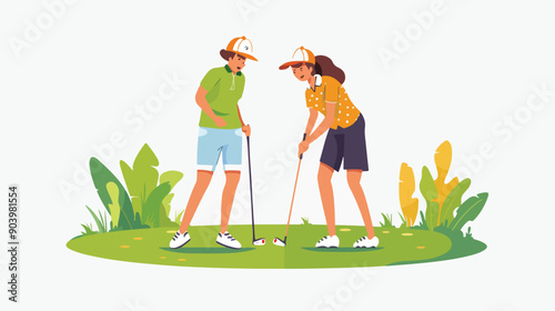 Young Man and Woman Playing Golf Flat Vector Illustration