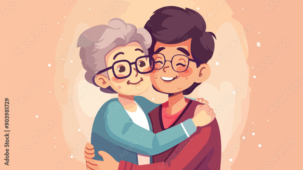 Intergenerational Bonding: Young Man Hugging Old Woman - Emotional Connection Between Grandma and Grandson Intergenerational Bonding: Young Man Hugging Old Woman - Emotional Connection Between Grandma and Grandson