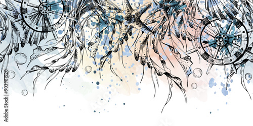 Starfish, seashells, ship s steering wheels, seaweed and bubbles. Marine illustration hand drawn line art graphics in black and white monochrome. Seamless border repeating pattern.