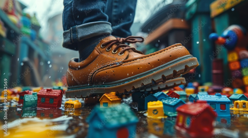 Fototapeta premium A brown boots standing firmly on small model houses, representing the challenges of adolescence and the impact of growing up. Ideal for themes of teenage psychology, change, and resilience