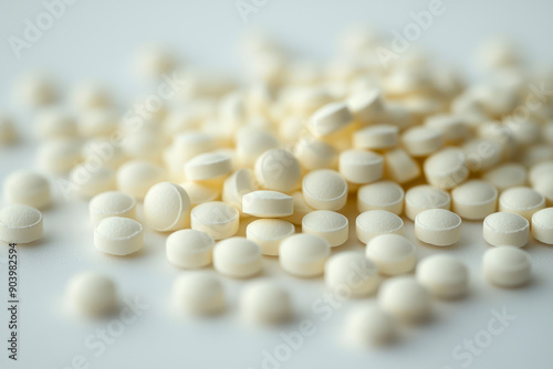 Abundance of white pills spread across white background in detailed close-up shot