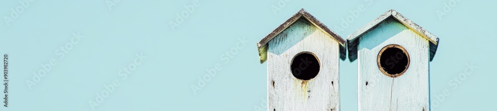 Two Weathered Birdhouses Stand Tall Under the Clear Blue Sky Two Weathered Birdhouses Stand Tall Under the Clear Blue Sky